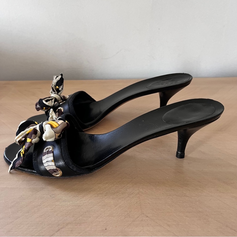 Gucci Logo Black Kitten Heels Printed Scarf Bow Mules Women's 10 - Well Worn